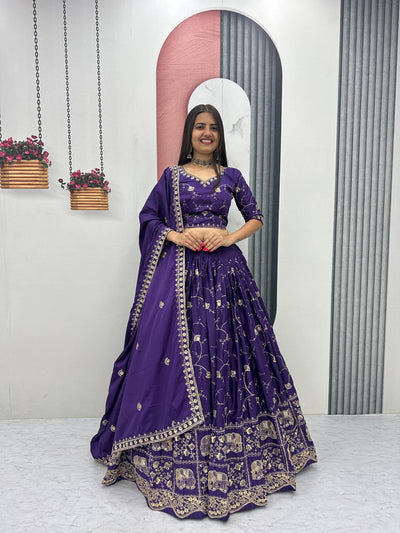 Purple Crepe Silk Embroidery And Sequence Work Lehenga Choli