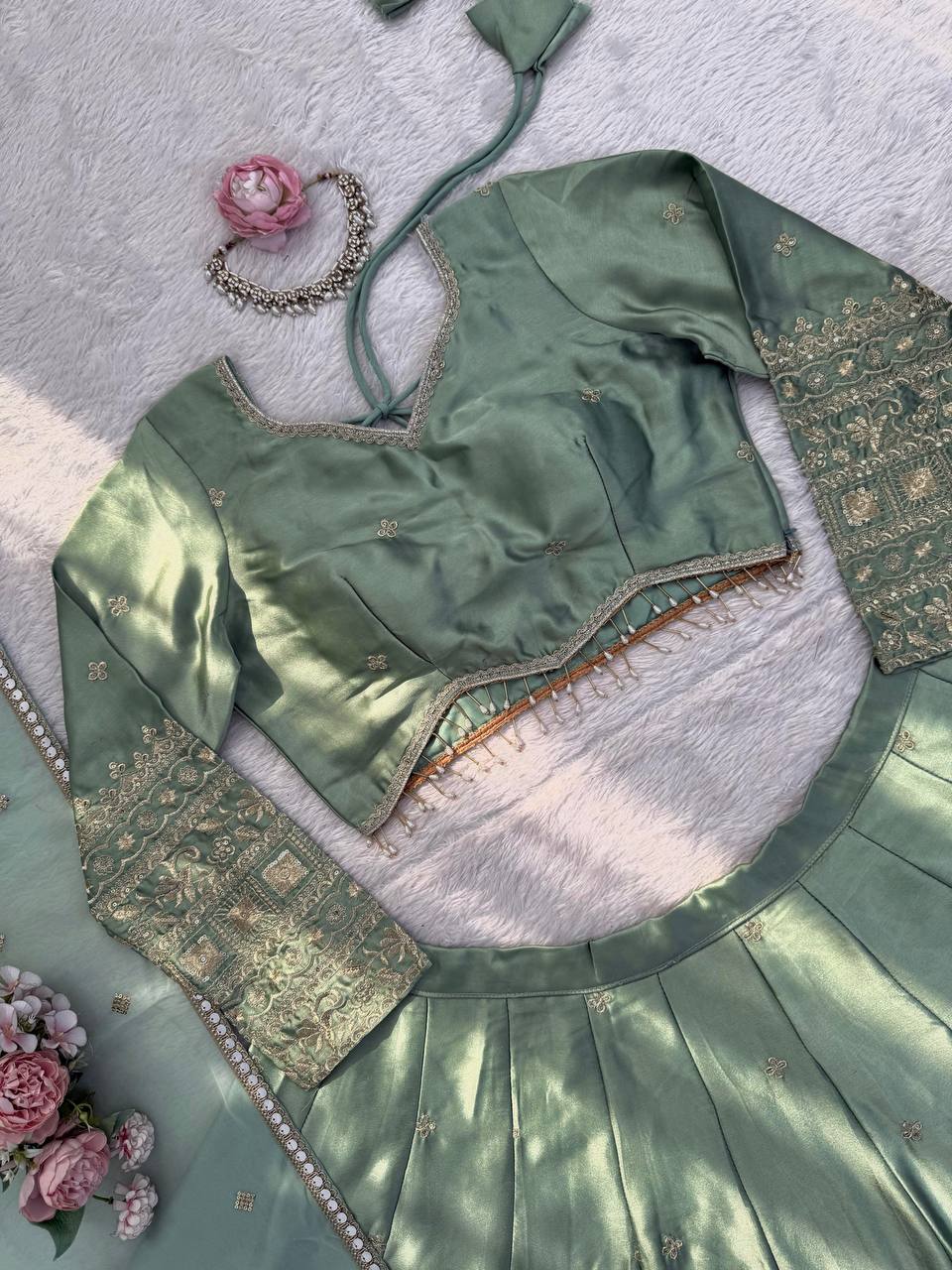 Sea Green Color Japan Satin Silk Heavy Sequence Work Lehenga Choli