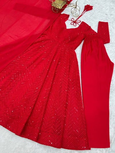 Red Color Georgette With Embroidery With Sequence Work Anarkali Suit