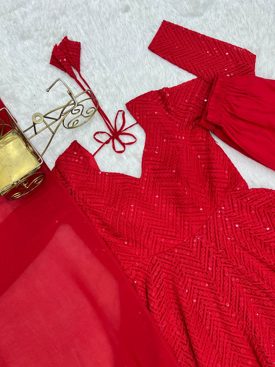Red Color Georgette With Embroidery With Sequence Work Anarkali Suit