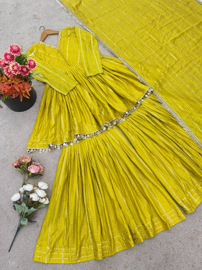 Parrot Green Color Chanderi Silk With Real Mirror Work Sharara Suit