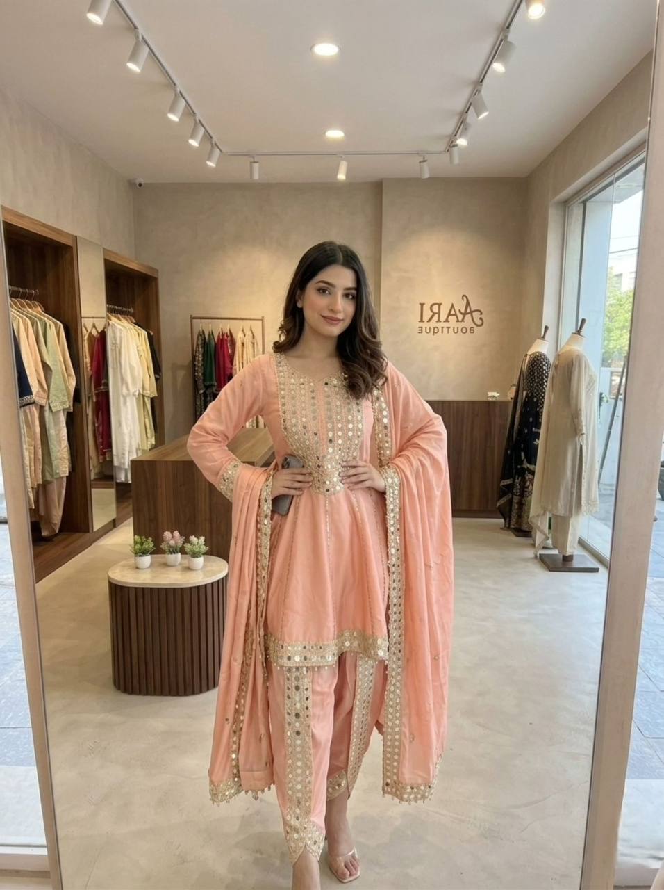 Peach Color Indo-western Style Tulip Dhoti With Top And Dupatta