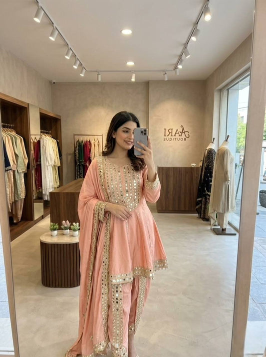 Peach Color Indo-western Style Tulip Dhoti With Top And Dupatta