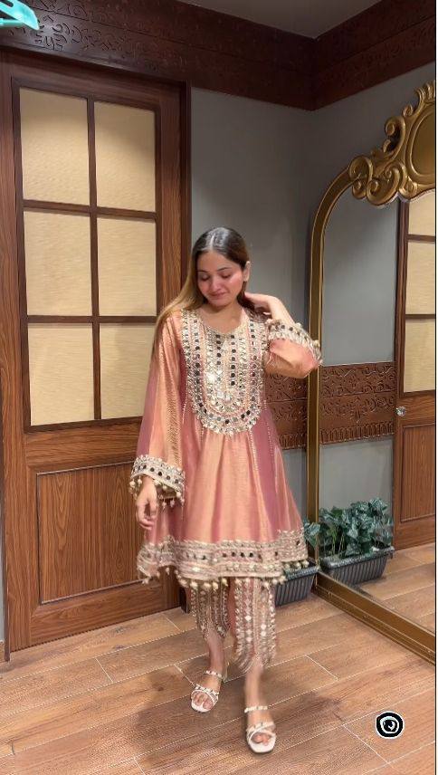 Peach Color Indo-western Style Tulip Dhoti With Top And Dupatta