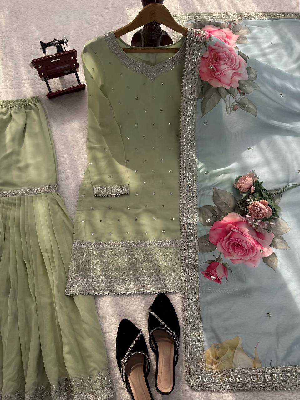 Pista Green Color Heavy Work Wear Sharara Suit For Wedding