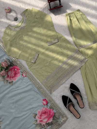 Pista Green Color Heavy Work Wear Sharara Suit For Wedding
