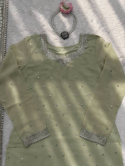 Pista Green Color Heavy Work Wear Sharara Suit For Wedding