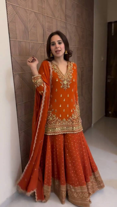 Beautiful Orange Color Sequence Work Sharara Suit For Wedding