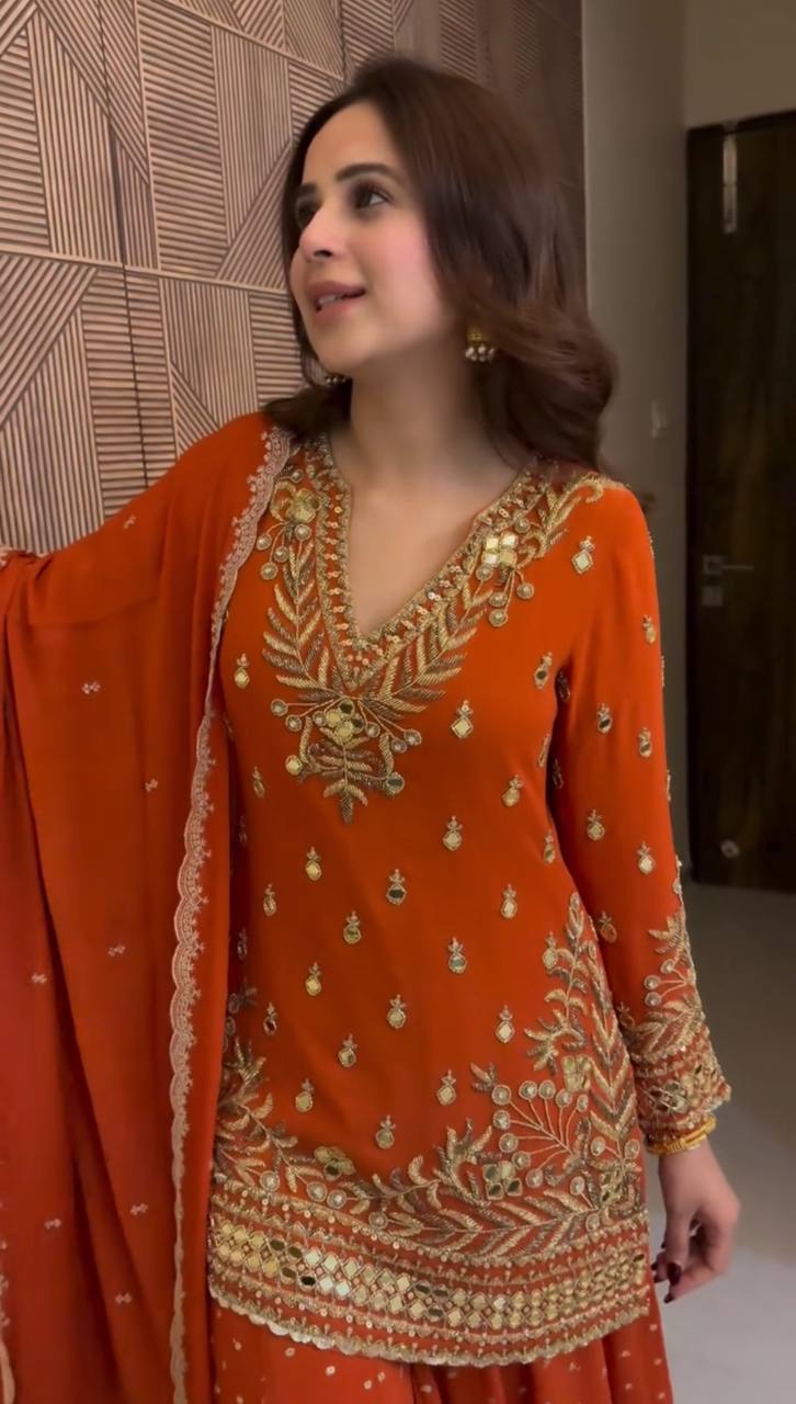 Beautiful Orange Color Sequence Work Sharara Suit For Wedding