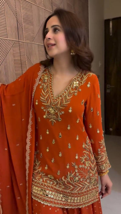 Beautiful Orange Color Sequence Work Sharara Suit For Wedding