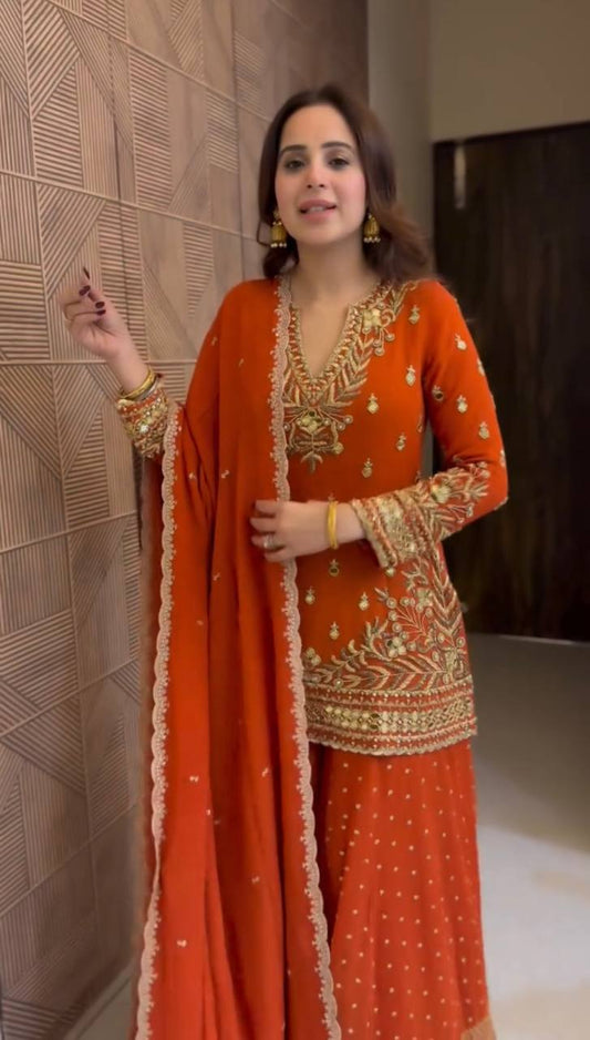 Beautiful Orange Color Sequence Work Sharara Suit For Wedding