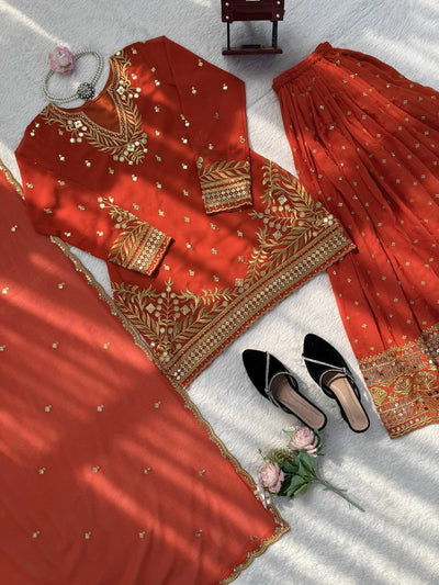 Beautiful Orange Color Sequence Work Sharara Suit For Wedding