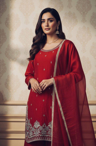 Trending Red Color Embroidery With Sequence Work Sharara Suit