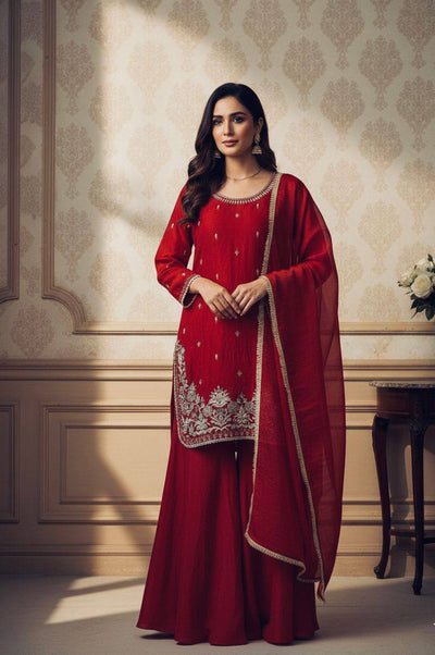 Trending Red Color Embroidery With Sequence Work Sharara Suit