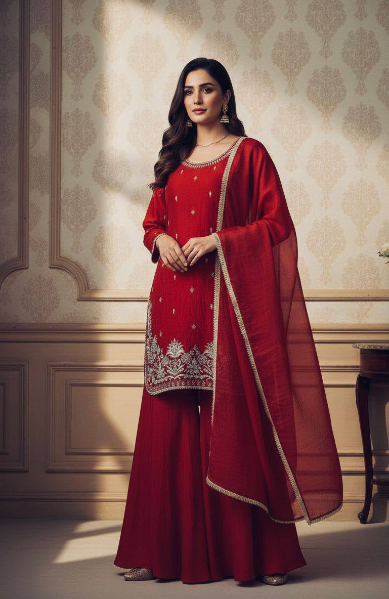 Trending Red Color Embroidery With Sequence Work Sharara Suit