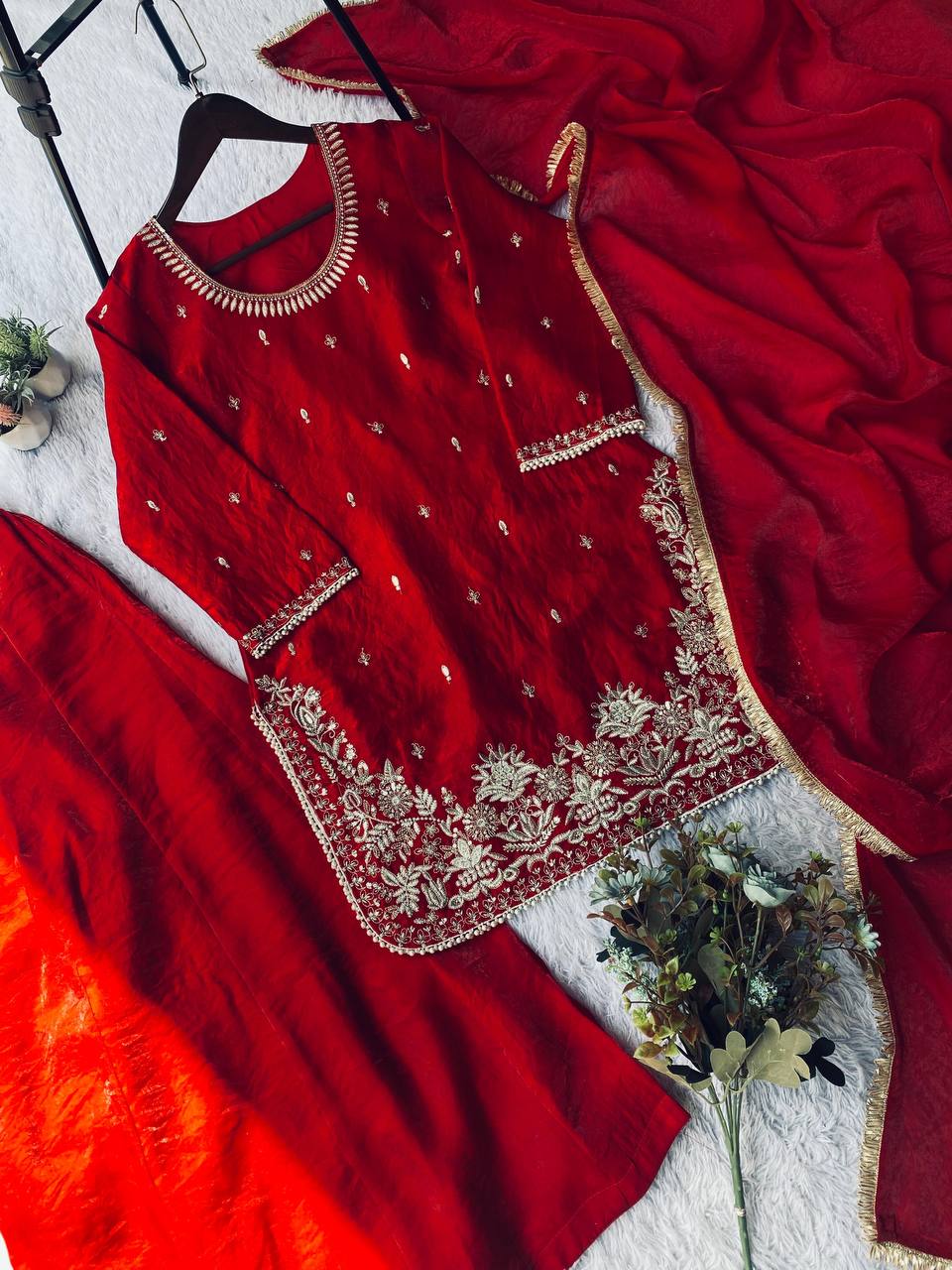 Trending Red Color Embroidery With Sequence Work Sharara Suit
