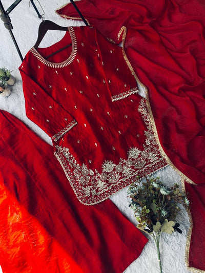 Trending Red Color Embroidery With Sequence Work Sharara Suit