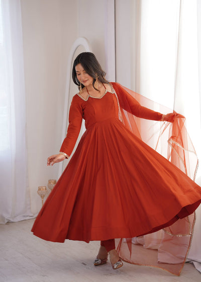 Beautiful Orange Color Roman Silk Wear Anarkali Suit
