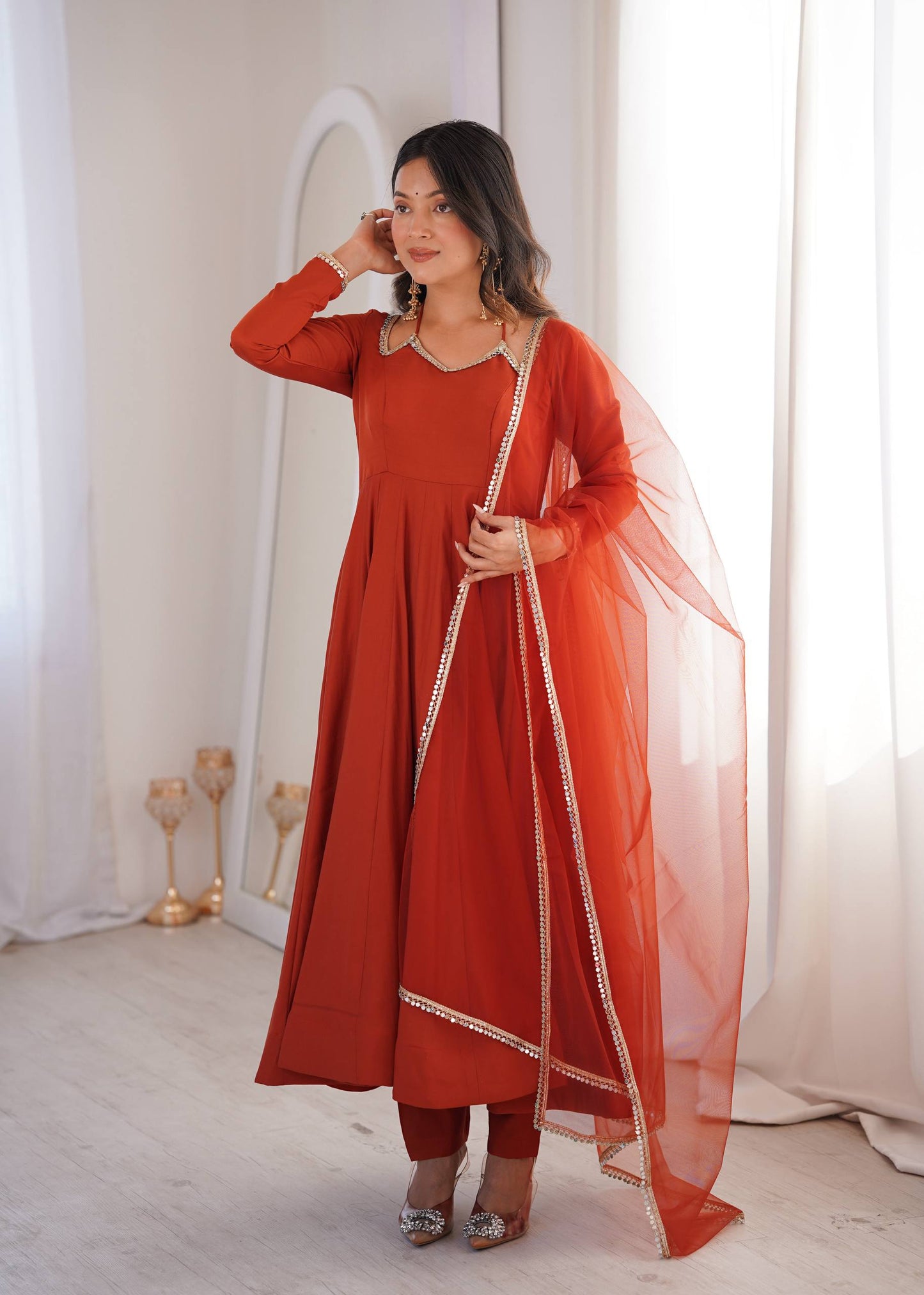 Beautiful Orange Color Roman Silk Wear Anarkali Suit