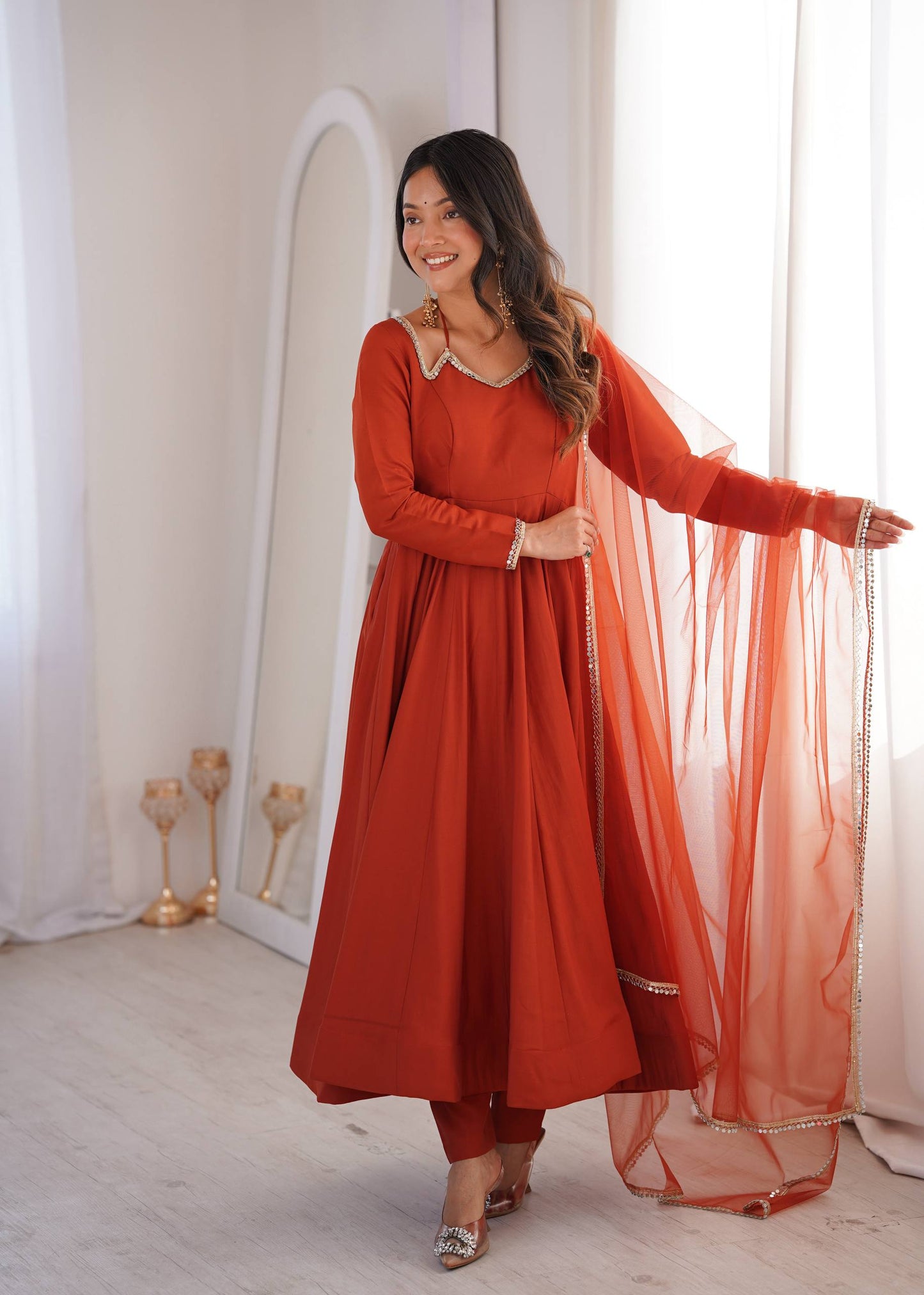 Beautiful Orange Color Roman Silk Wear Anarkali Suit