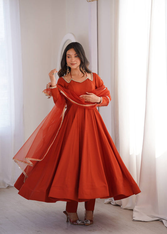 Beautiful Orange Color Roman Silk Wear Anarkali Suit