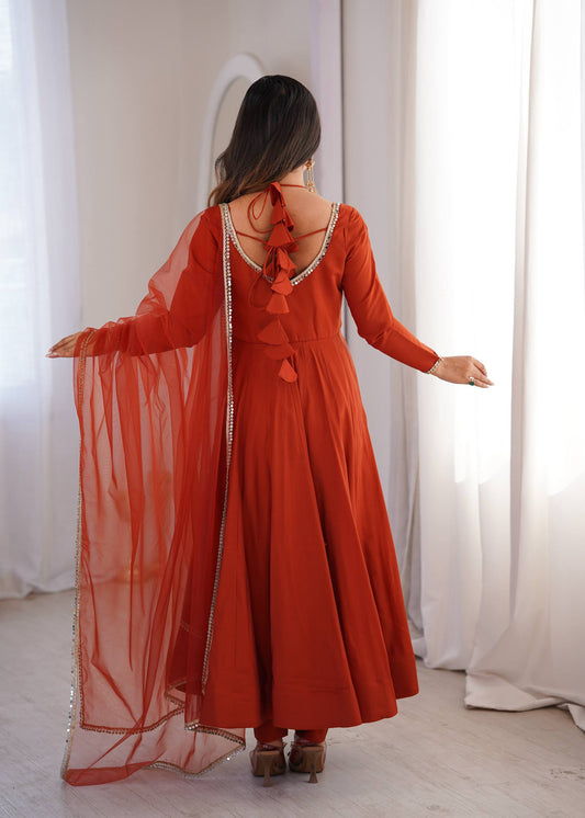 Beautiful Orange Color Roman Silk Wear Anarkali Suit