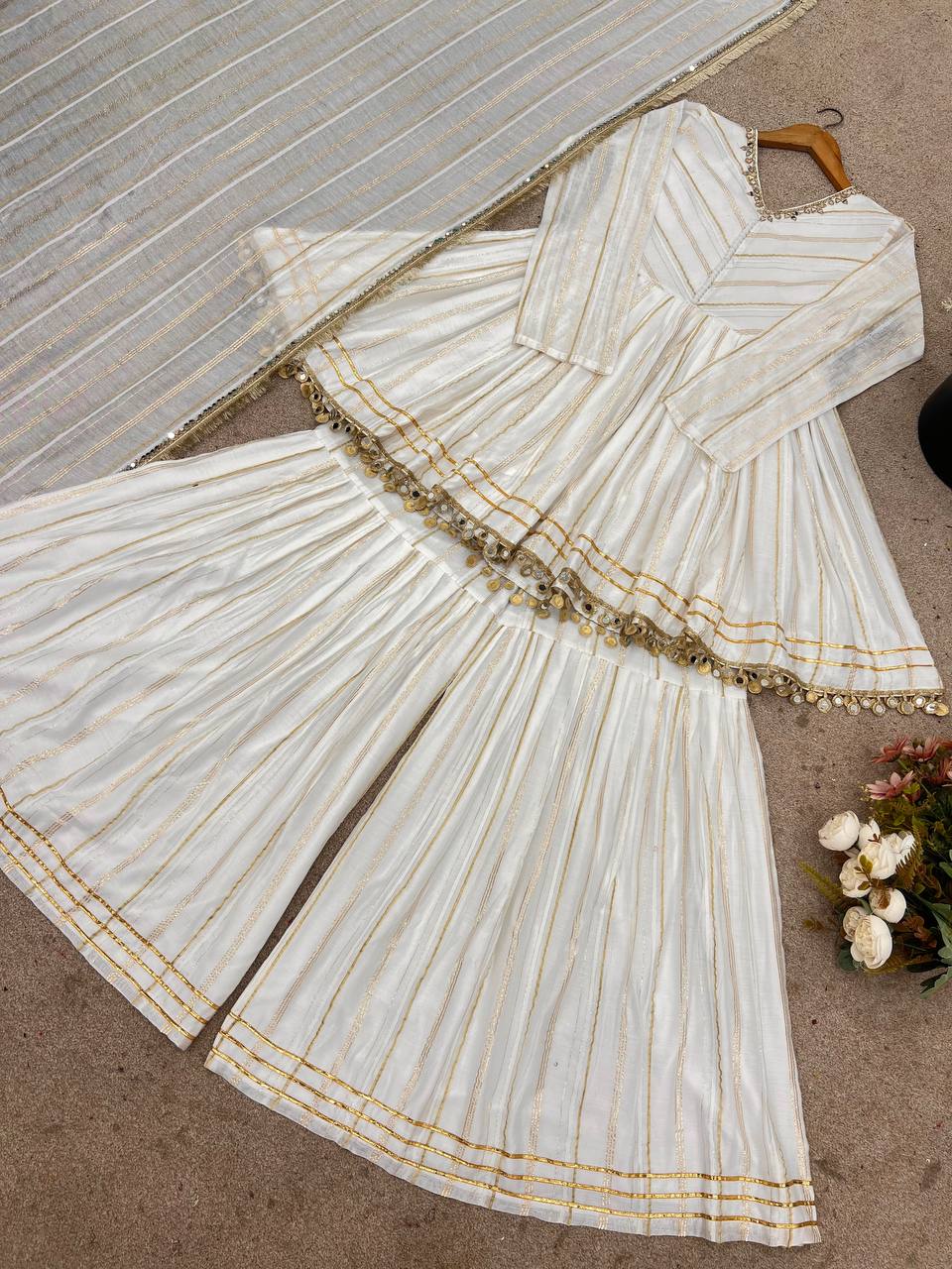 Beautiful White Color Chanderi Silk With Real Mirror Work Sharara Suit