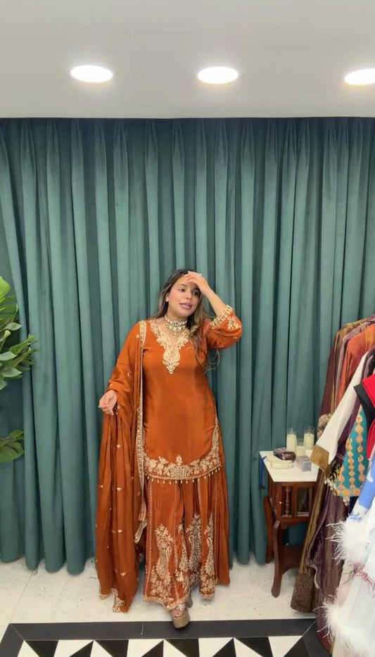 Orange Color Heavy Wedding Wear Sharara Suit For Women