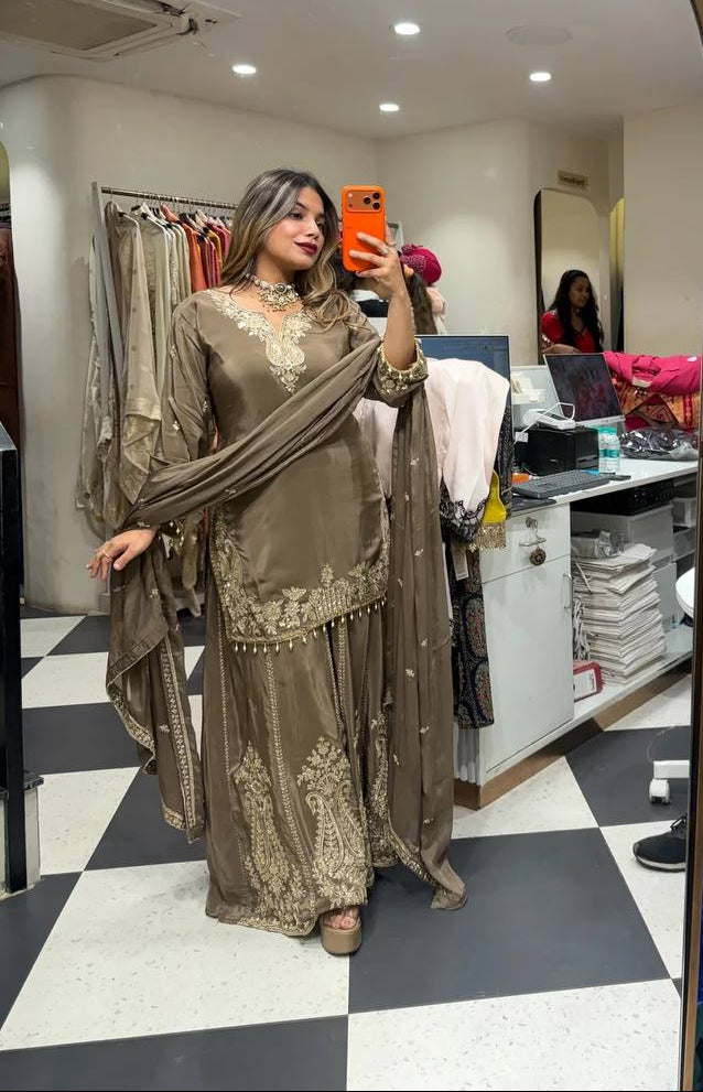 Taupe Brown Embroidery With Sequence Work Sharara Suit For Women