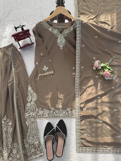 Taupe Brown Embroidery With Sequence Work Sharara Suit For Women