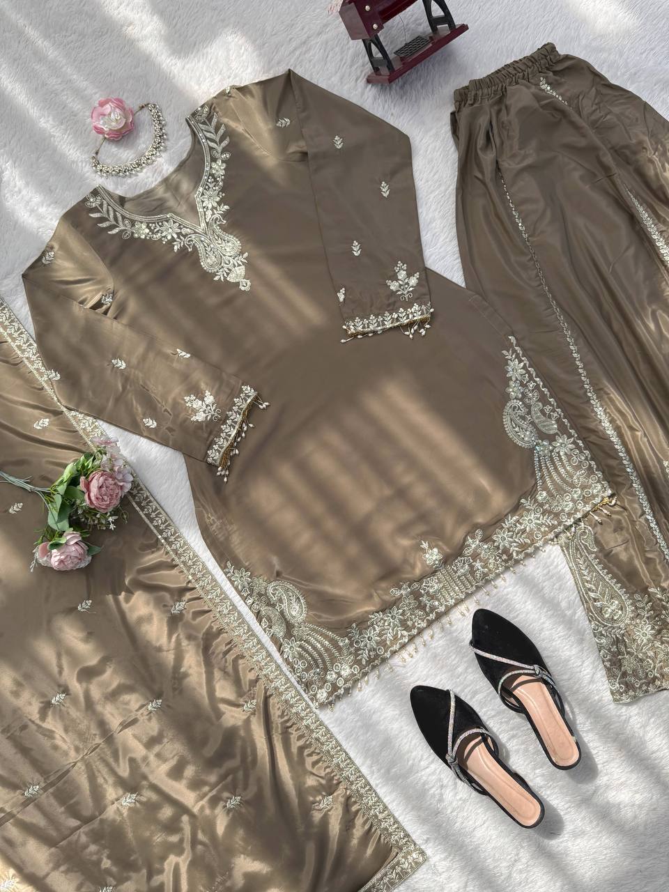 Taupe Brown Embroidery With Sequence Work Sharara Suit For Women