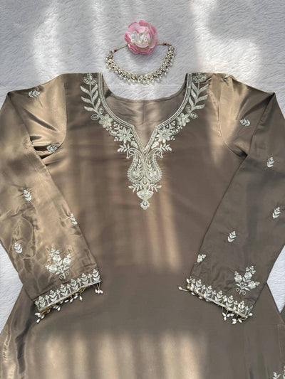 Taupe Brown Embroidery With Sequence Work Sharara Suit For Women