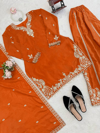 Orange Color Heavy Wedding Wear Sharara Suit For Women