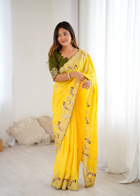 Yellow Color Chinon Silk With Embroidery With Thread Work Saree
