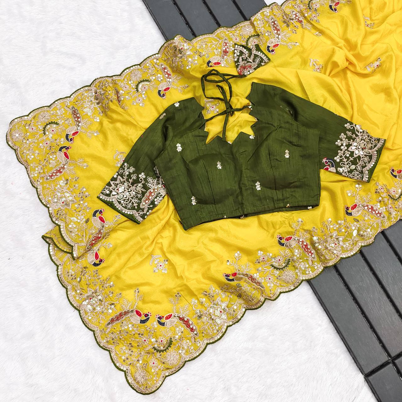 Yellow Color Chinon Silk With Embroidery With Thread Work Saree