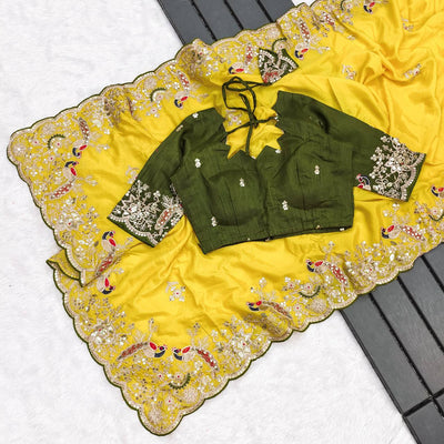 Yellow Color Chinon Silk With Embroidery With Thread Work Saree