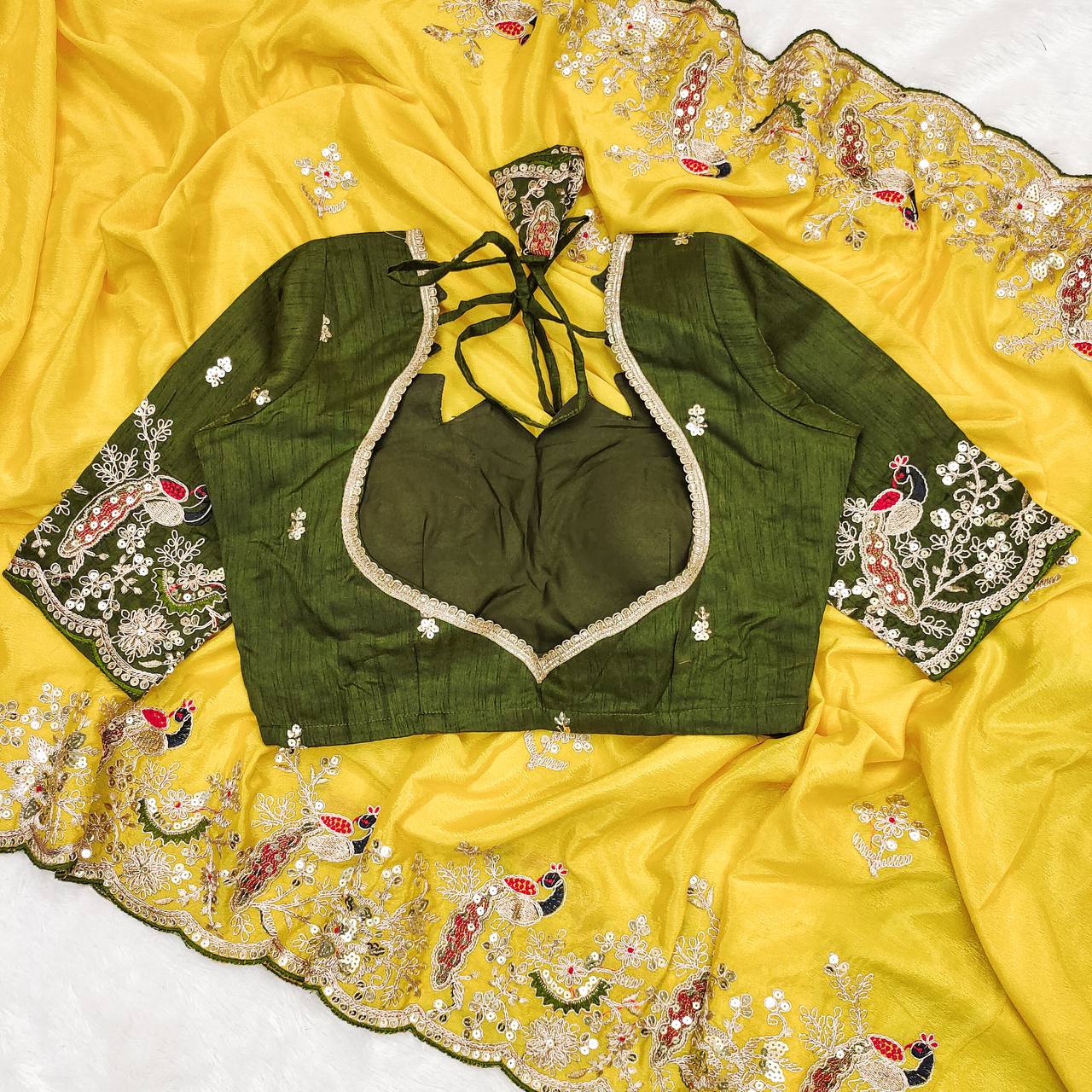 Yellow Color Chinon Silk With Embroidery With Thread Work Saree