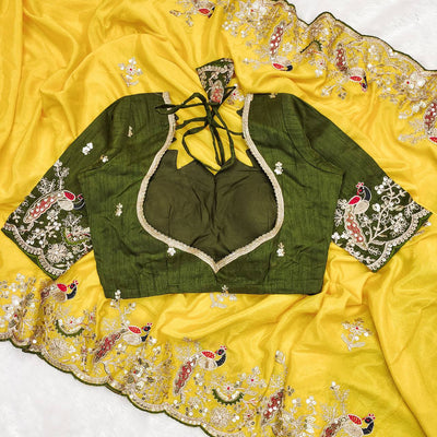 Yellow Color Chinon Silk With Embroidery With Thread Work Saree