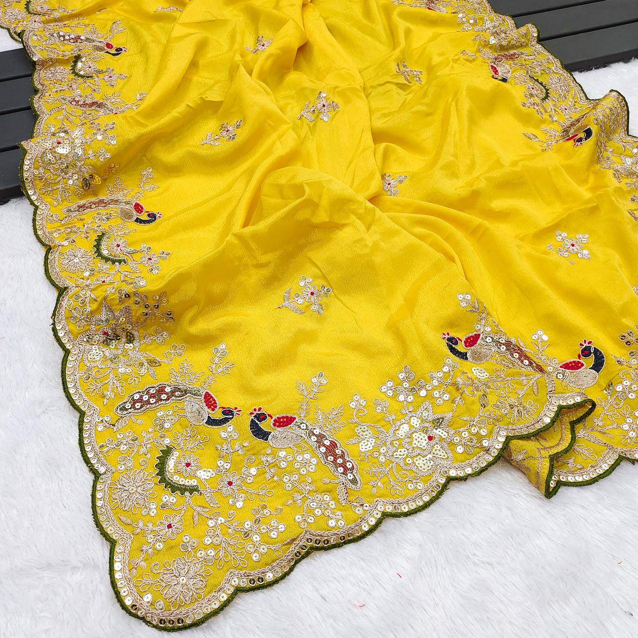 Yellow Color Chinon Silk With Embroidery With Thread Work Saree