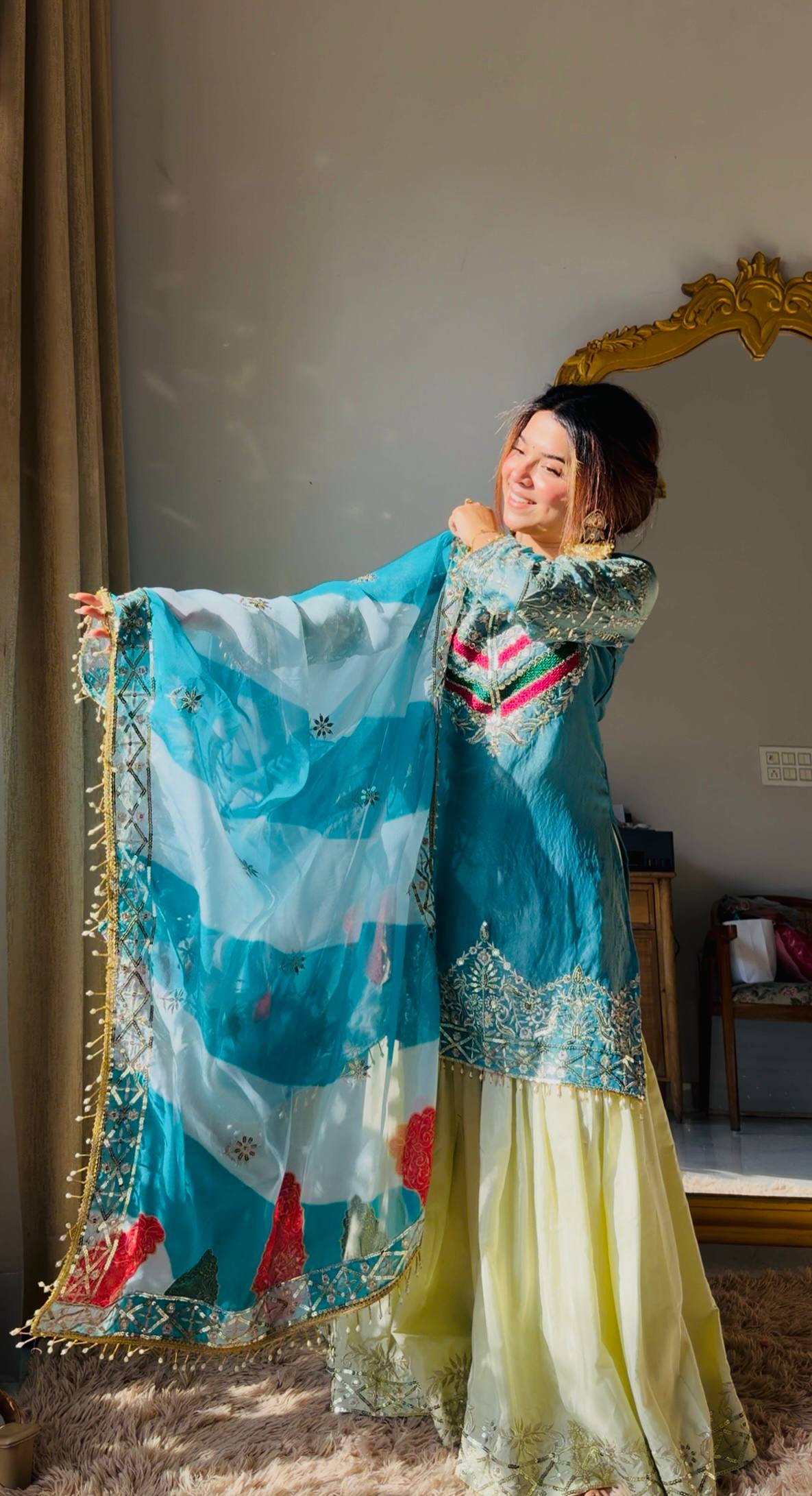 Sky Blue Color Top With Off White Sharara And Multi Color Dupatta