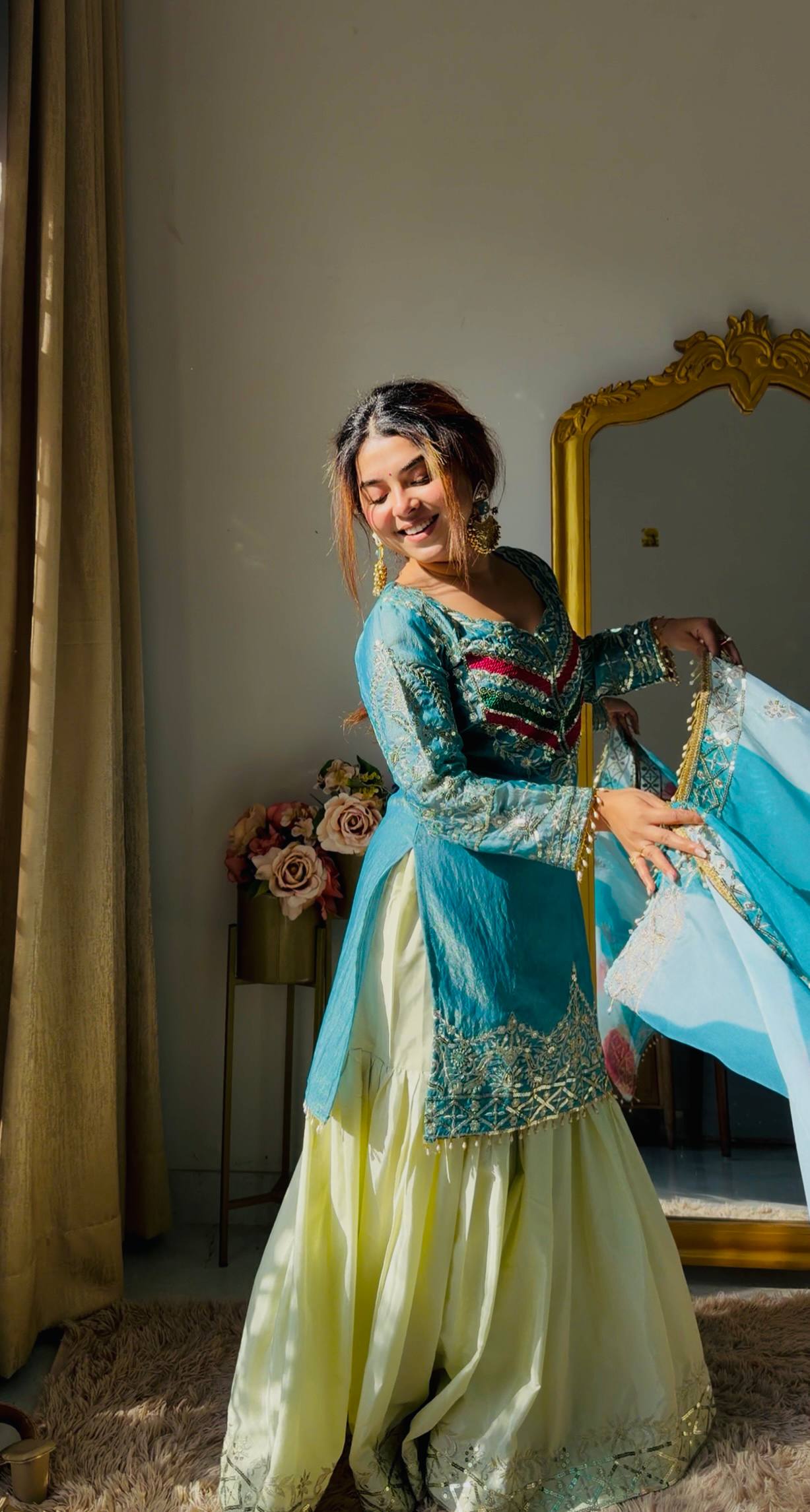 Sky Blue Color Top With Off White Sharara And Multi Color Dupatta
