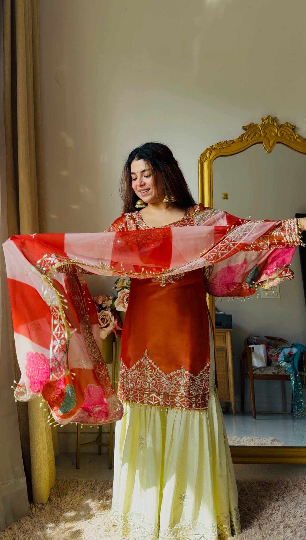 Classy Orange And Cream Color Sequence Work Sharara Suit For Women