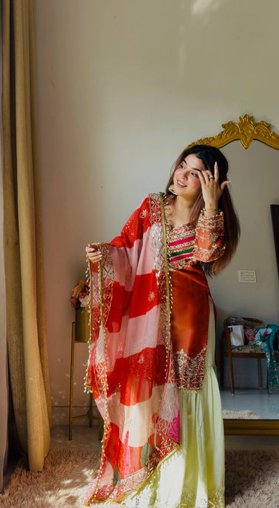 Classy Orange And Cream Color Sequence Work Sharara Suit For Women