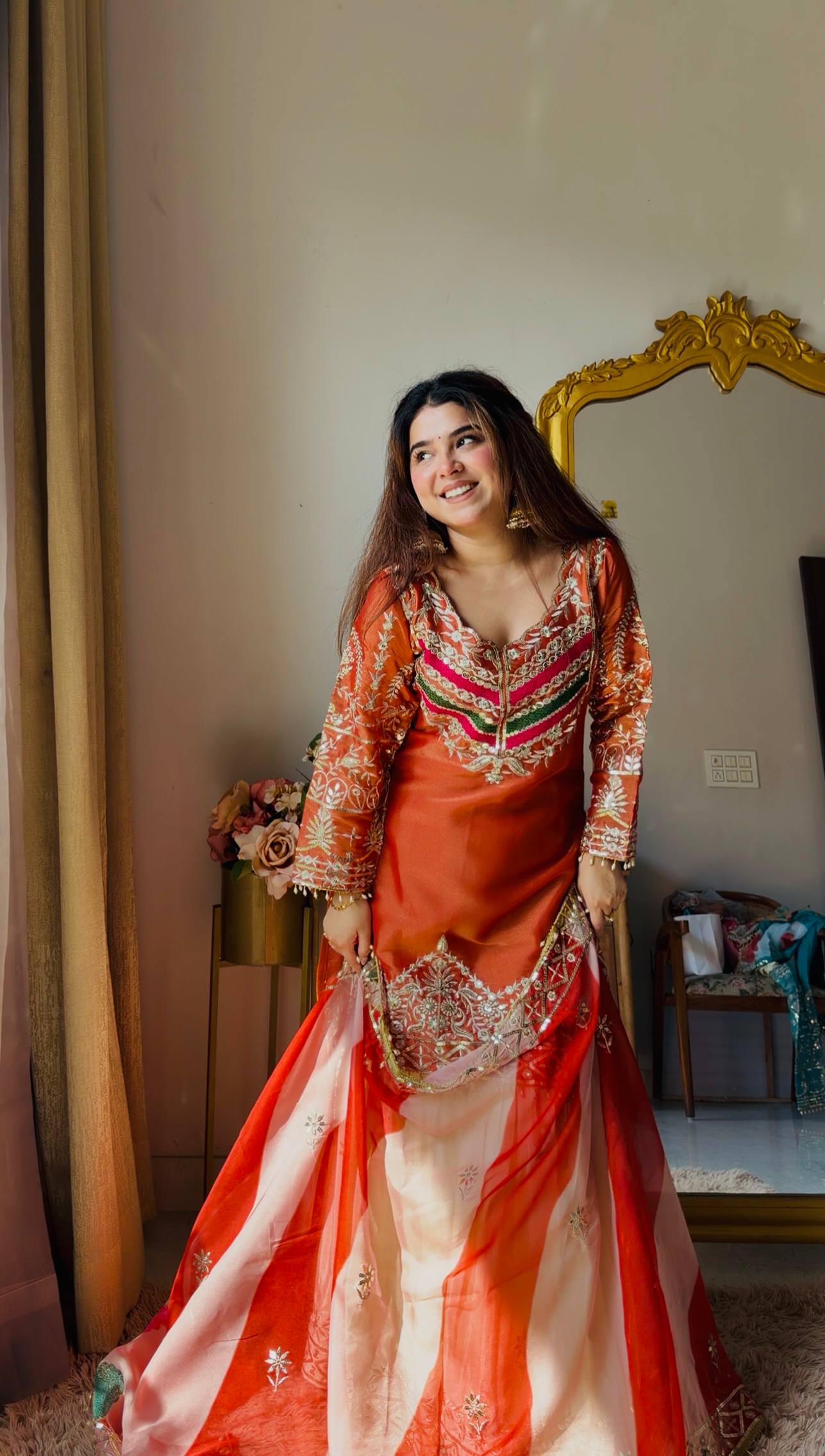 Classy Orange And Cream Color Sequence Work Sharara Suit For Women