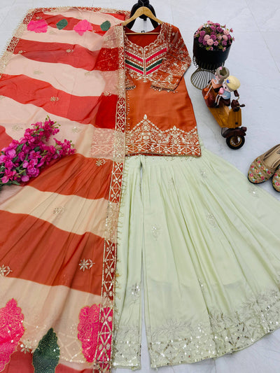 Classy Orange And Cream Color Sequence Work Sharara Suit For Women