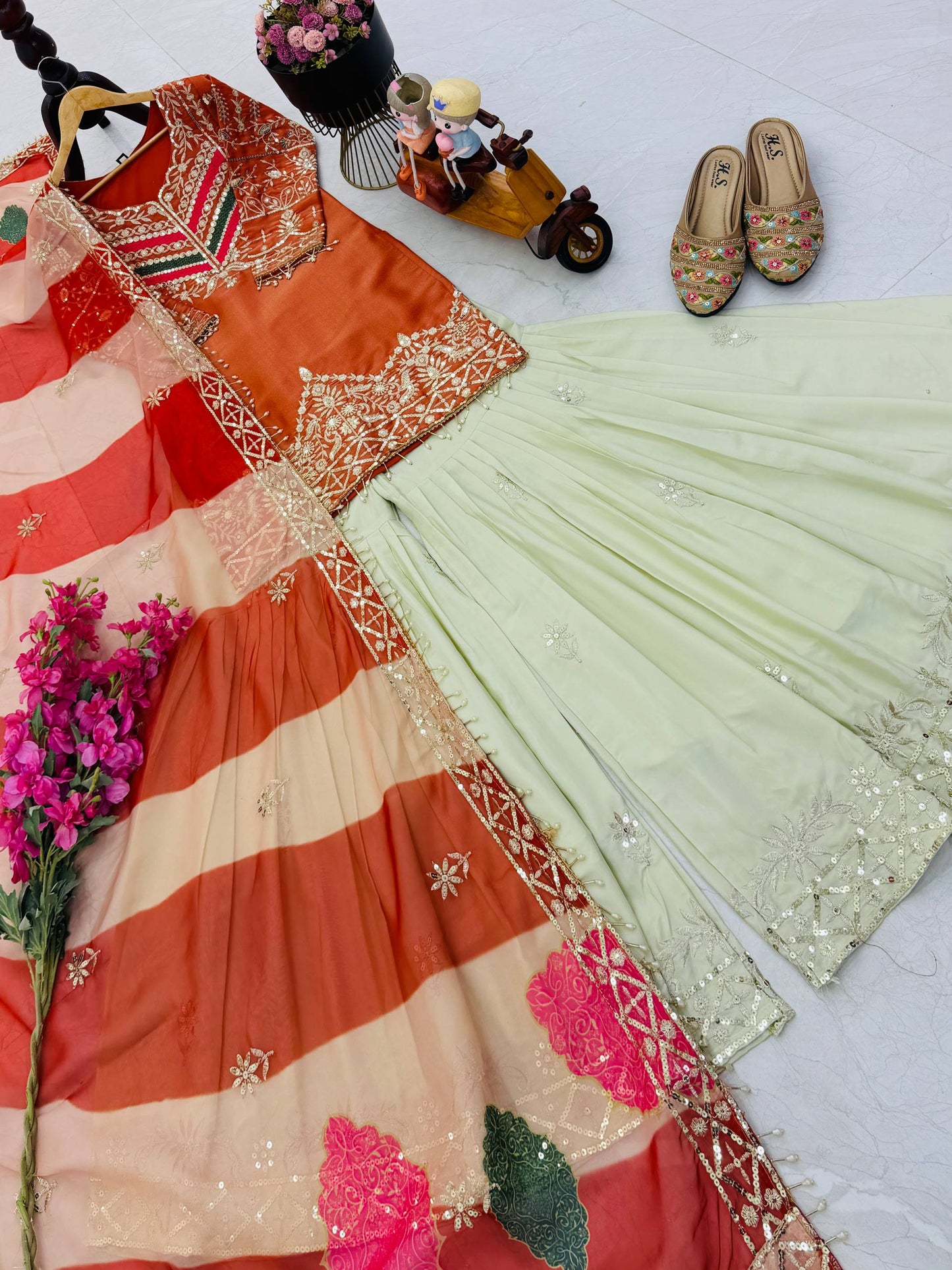 Classy Orange And Cream Color Sequence Work Sharara Suit For Women