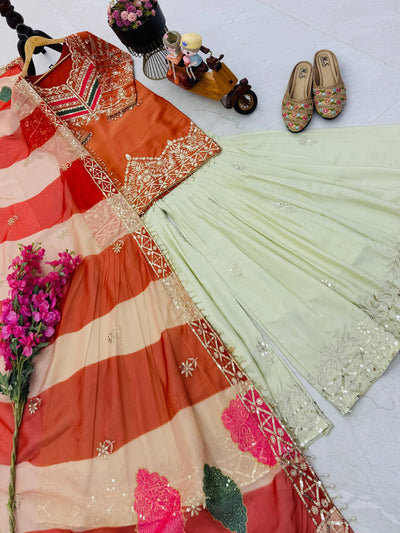 Classy Orange And Cream Color Sequence Work Sharara Suit For Women