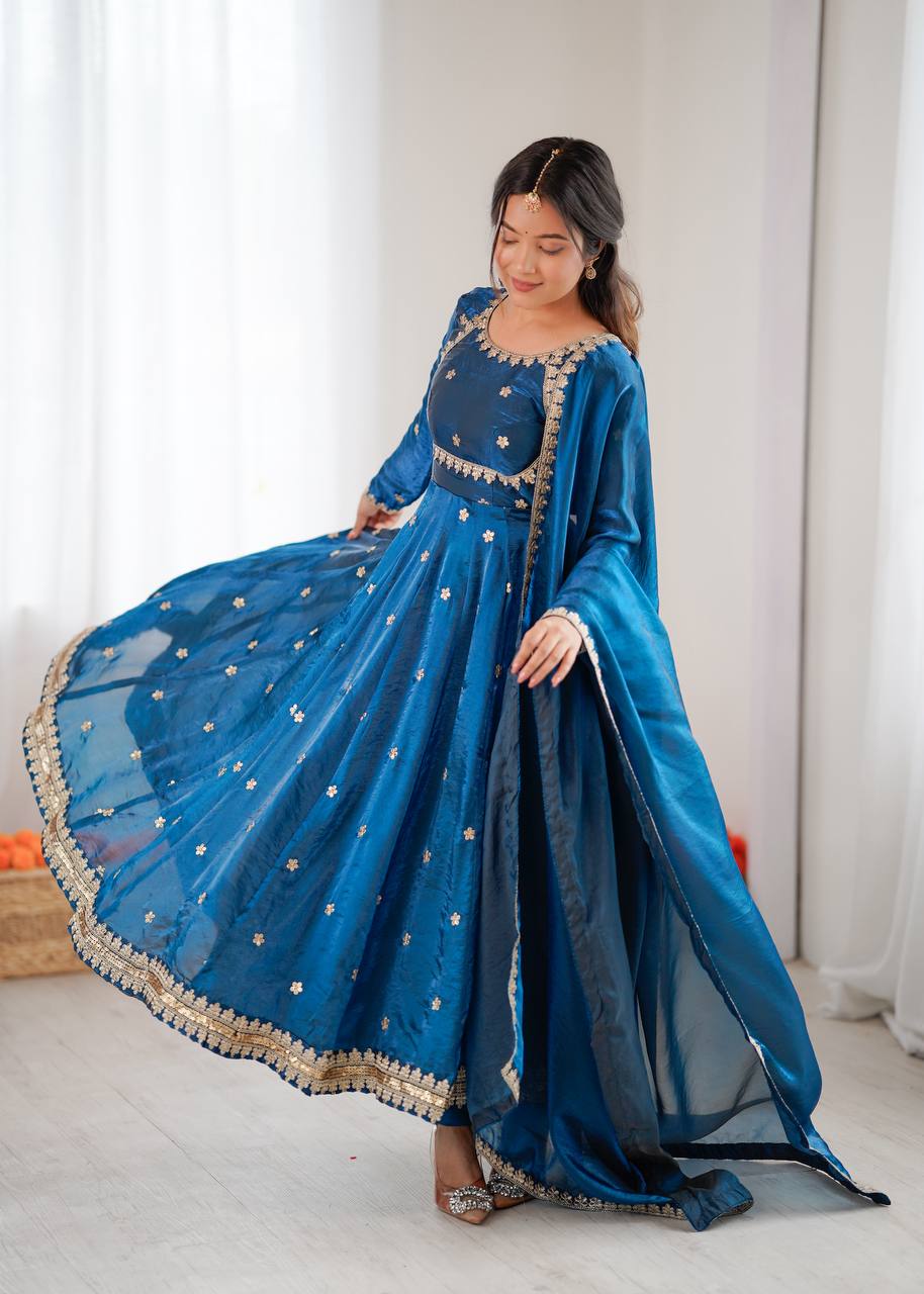 Blue Color Designer Sequence Work Long Gown With Dupatta