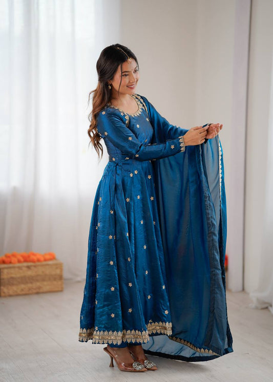 Blue Color Designer Sequence Work Long Gown With Dupatta
