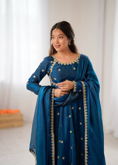 Blue Color Designer Sequence Work Long Gown With Dupatta
